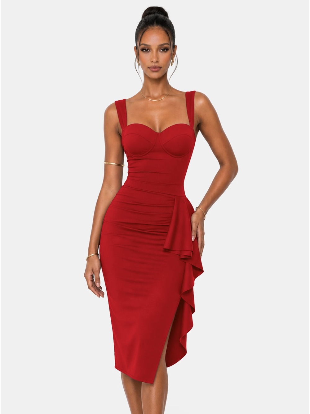 Red Ruffle-Side Sweetheart Midi Dress large